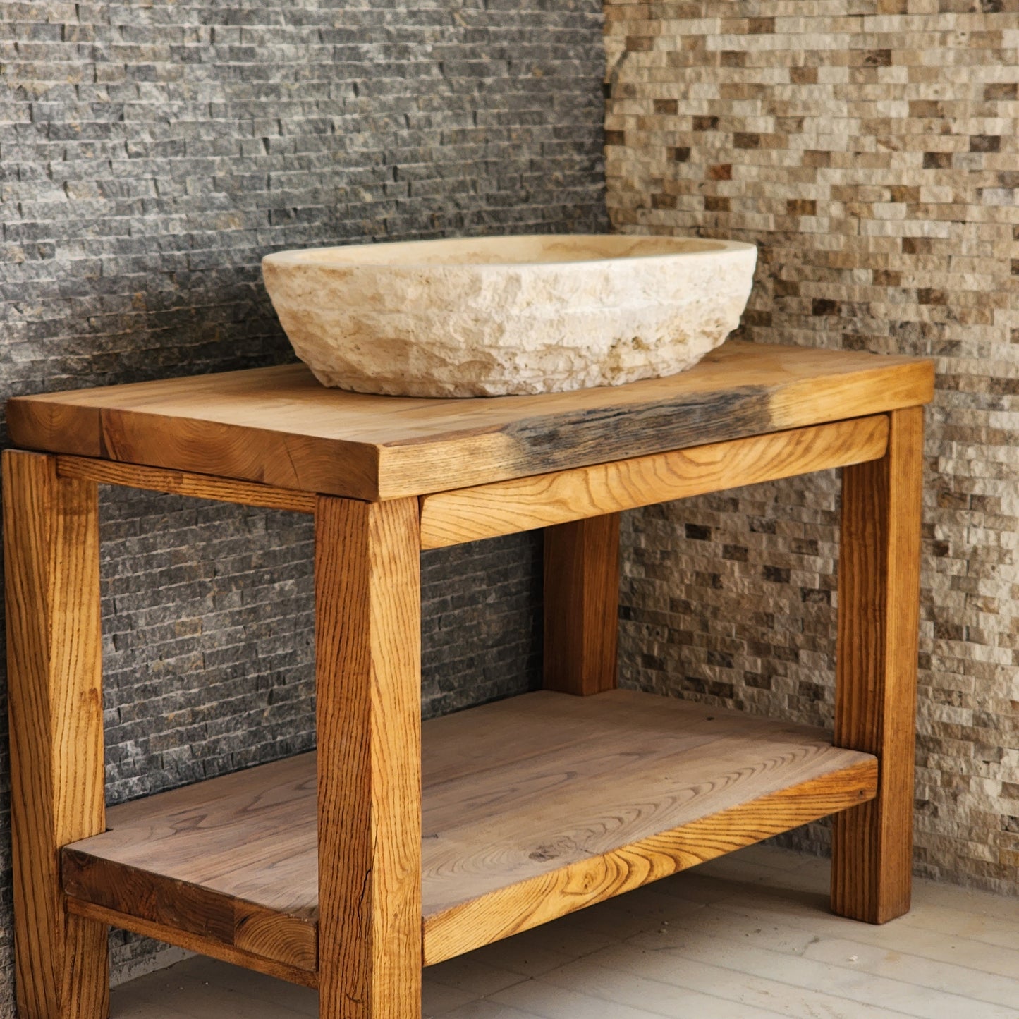 Solid Travertine Oval Vessel Sink - Hand-Chiseled Raw Exterior Basin