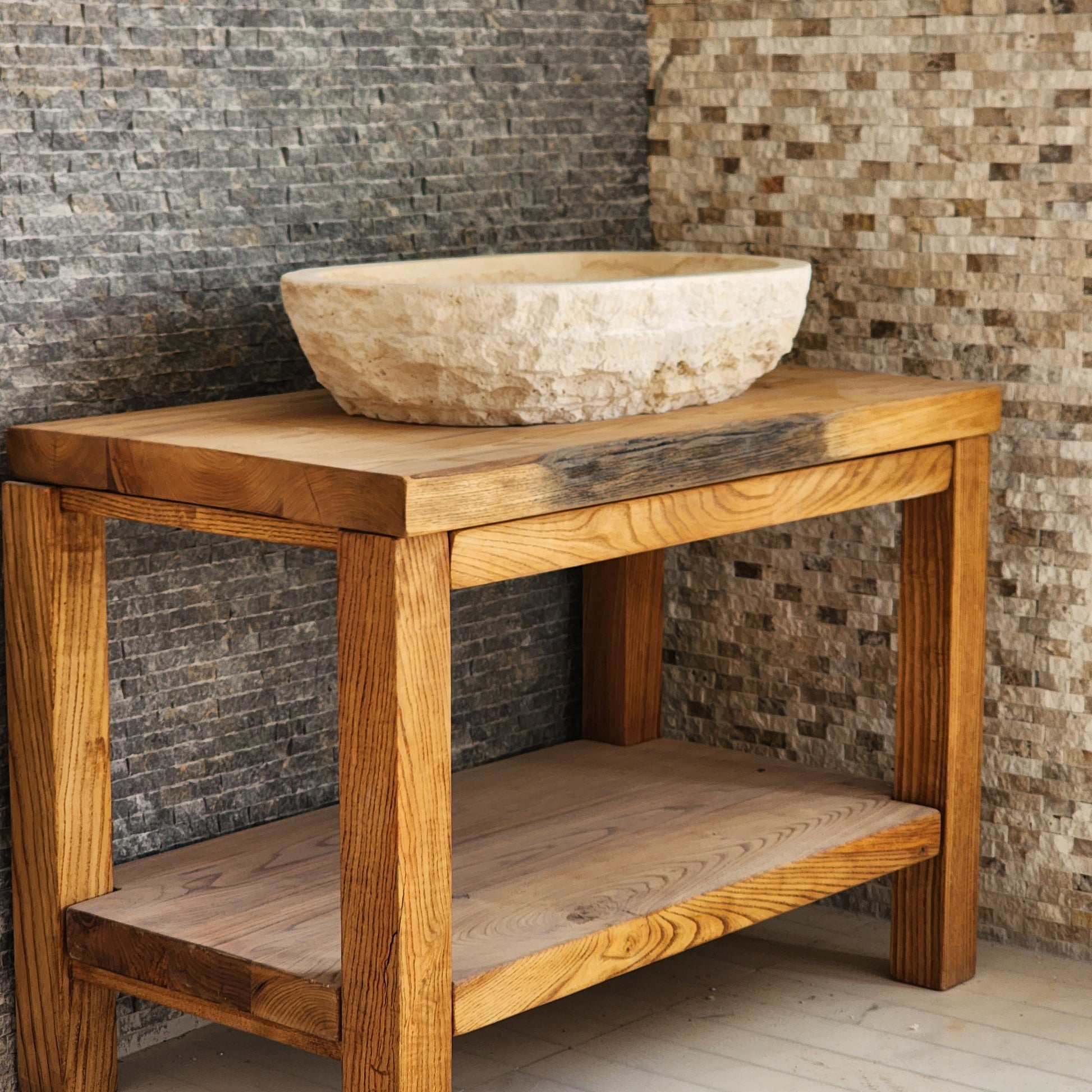 Solid Travertine Oval Vessel Sink - Hand-Chiseled Raw Exterior Basin