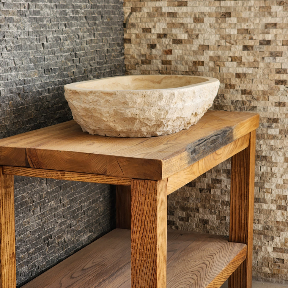 Solid Travertine Oval Vessel Sink - Hand-Chiseled Raw Exterior Basin