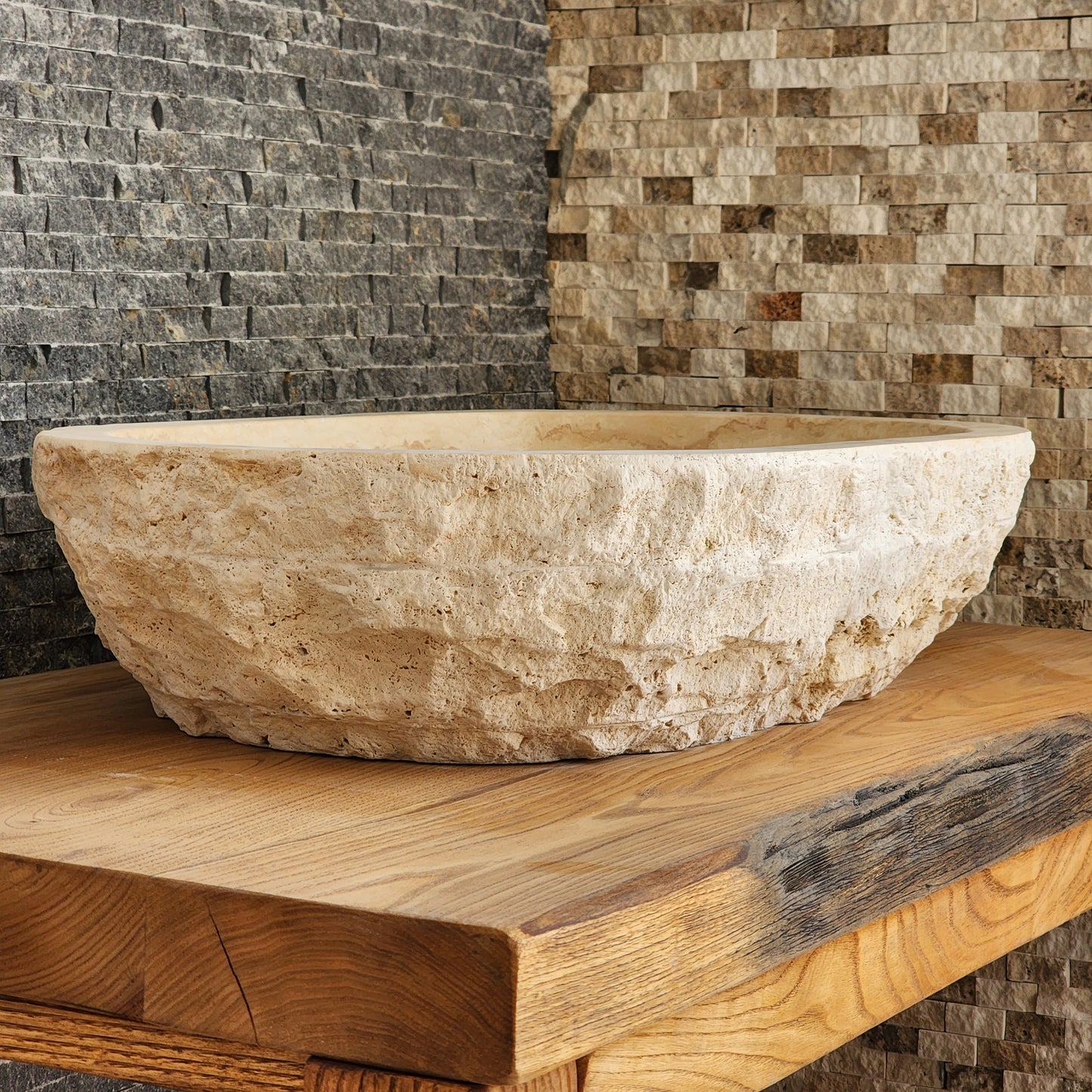 Solid Travertine Oval Vessel Sink - Hand-Chiseled Raw Exterior Basin