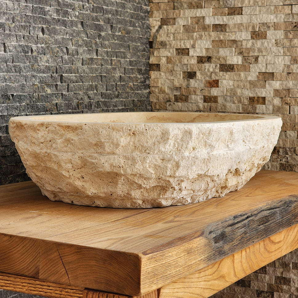Solid Travertine Oval Vessel Sink - Hand-Chiseled Raw Exterior Basin