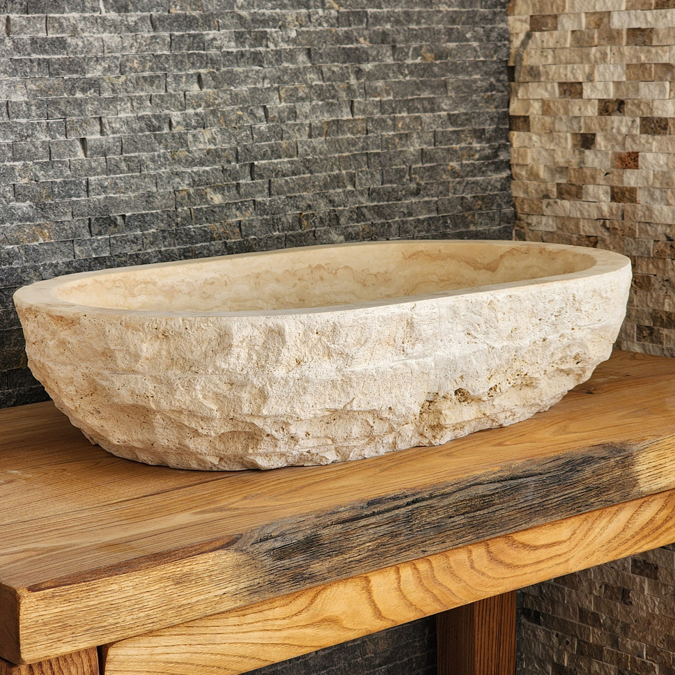 Solid Travertine Oval Vessel Sink - Hand-Chiseled Raw Exterior Basin