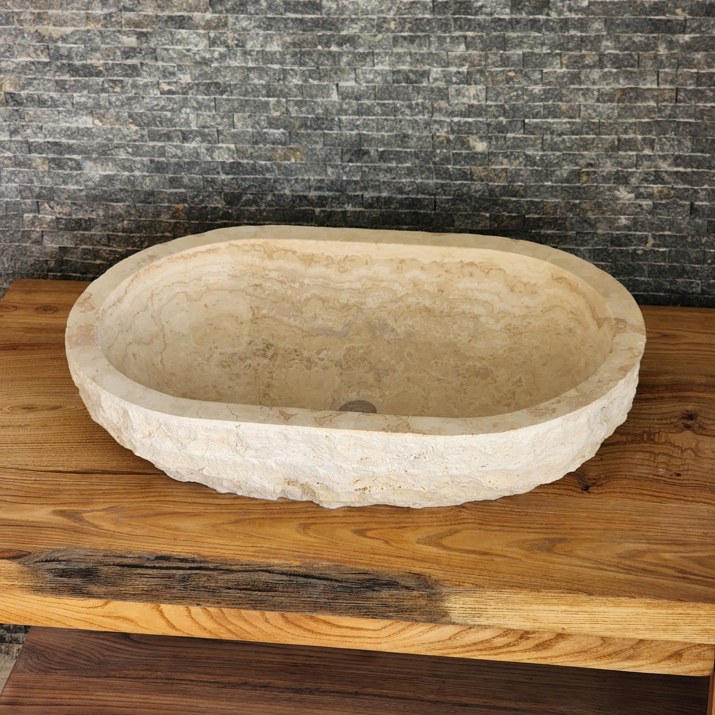 Solid Travertine Oval Vessel Sink - Hand-Chiseled Raw Exterior Basin