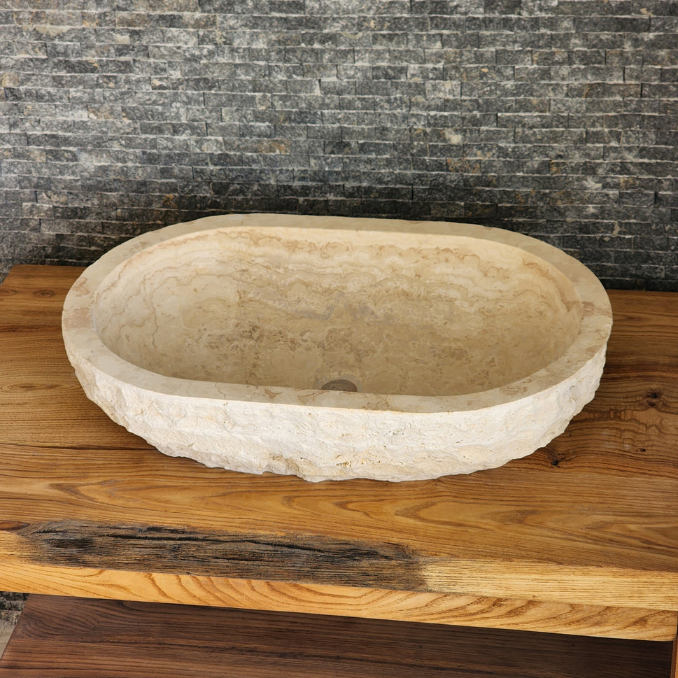 Solid Travertine Oval Vessel Sink - Hand-Chiseled Raw Exterior Basin