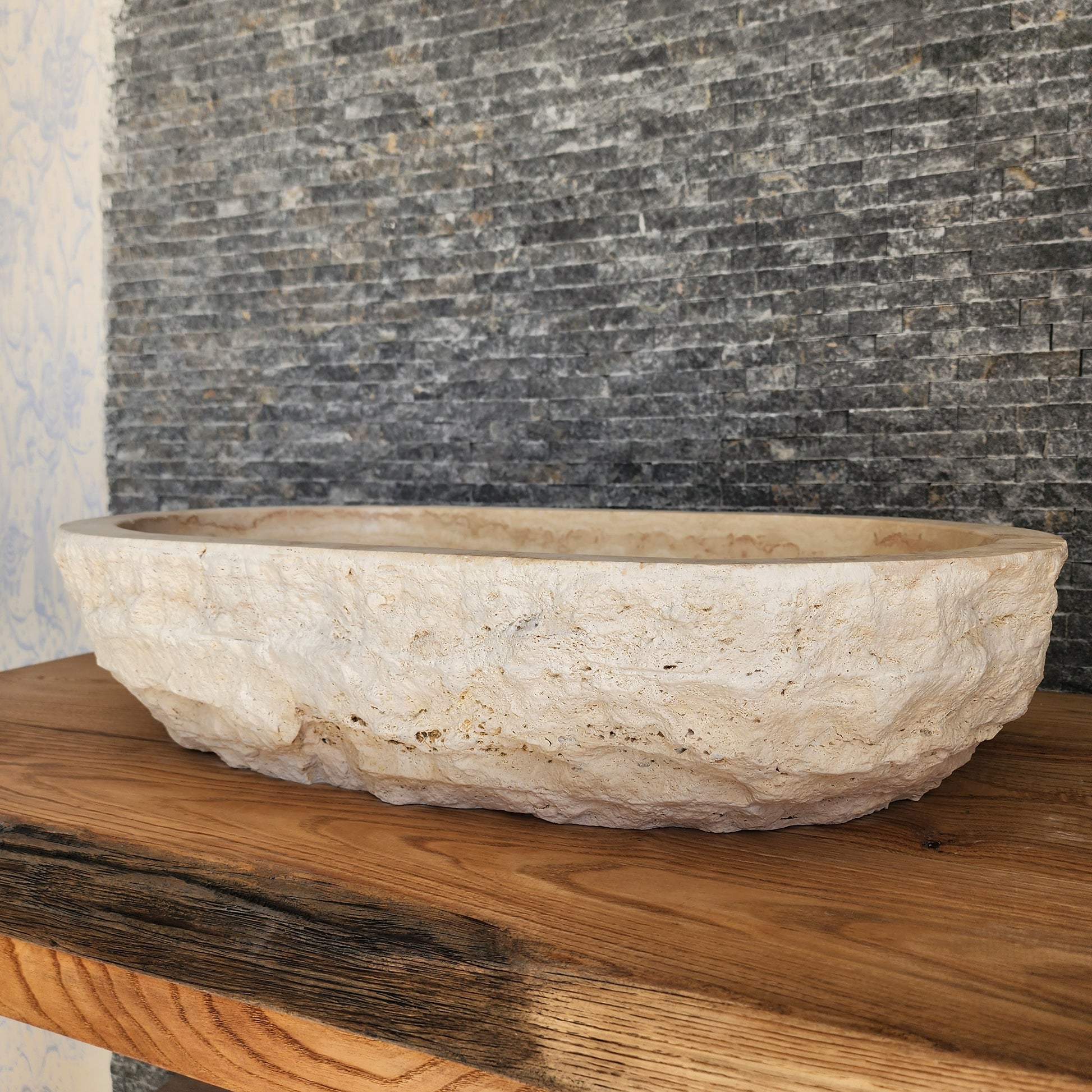 Solid Travertine Oval Vessel Sink - Hand-Chiseled Raw Exterior Basin