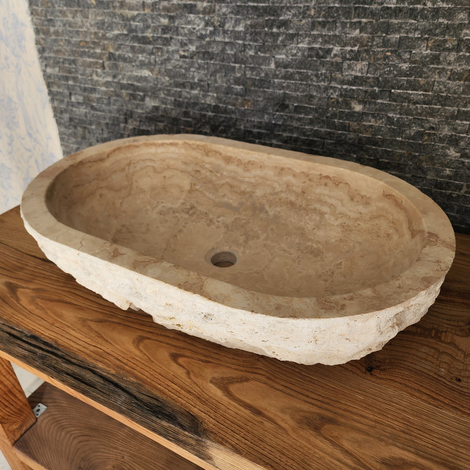 Solid Travertine Oval Vessel Sink - Hand-Chiseled Raw Exterior Basin