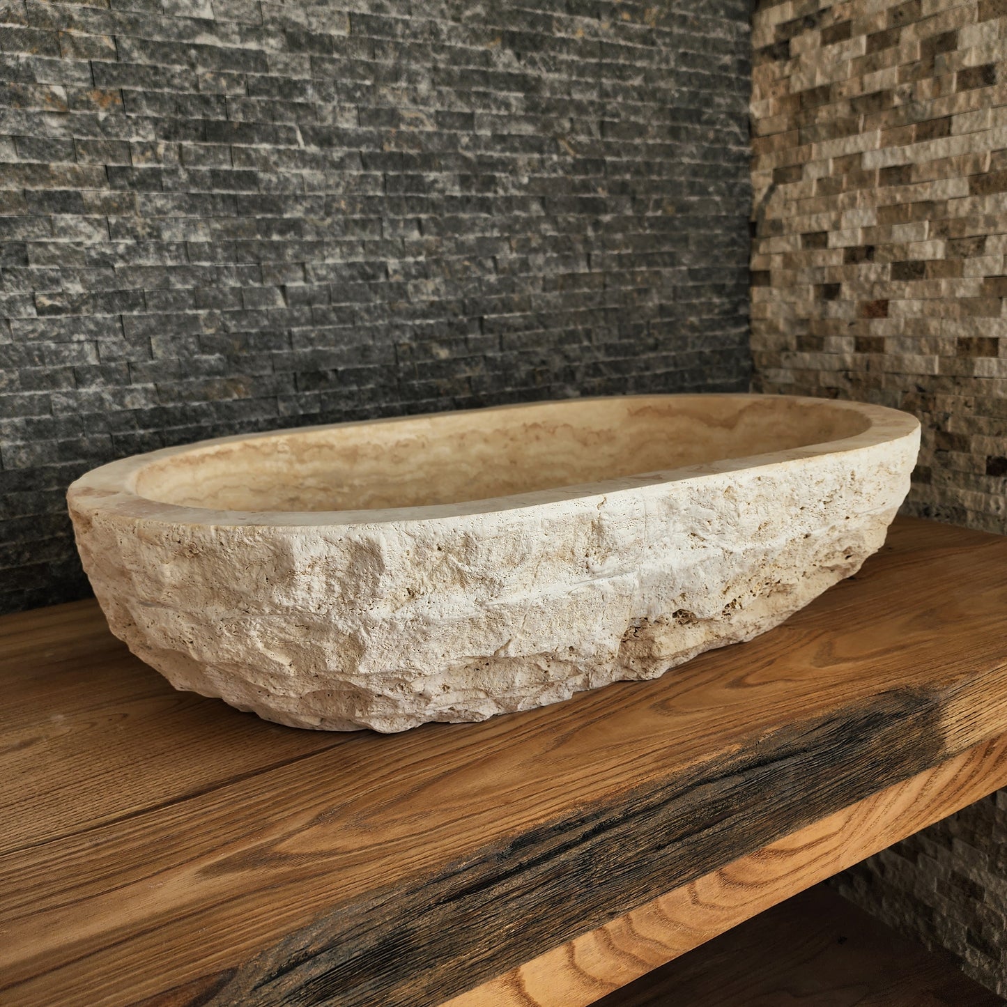 Solid Travertine Oval Vessel Sink - Hand-Chiseled Raw Exterior Basin
