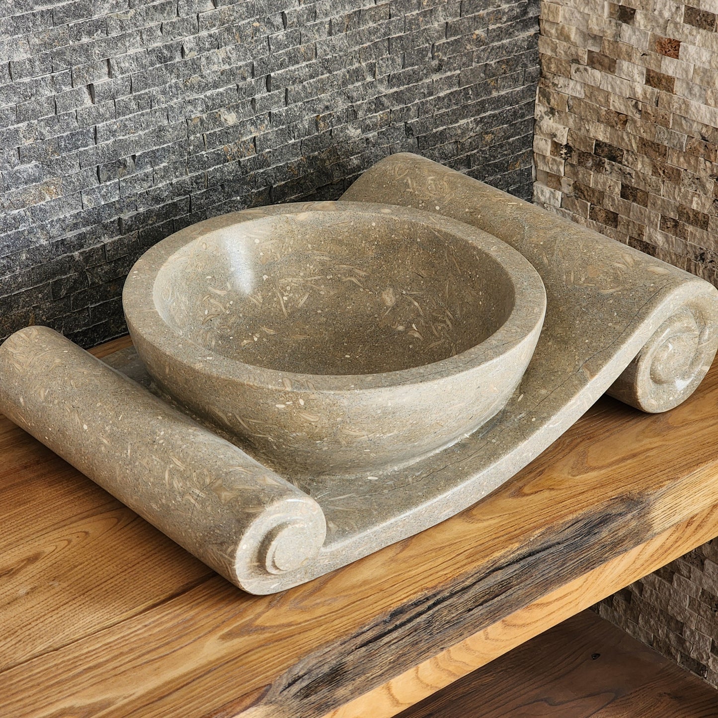 Asymmetrical Marble Scroll Vessel Sink - Hand-Carved Sculptural Basin