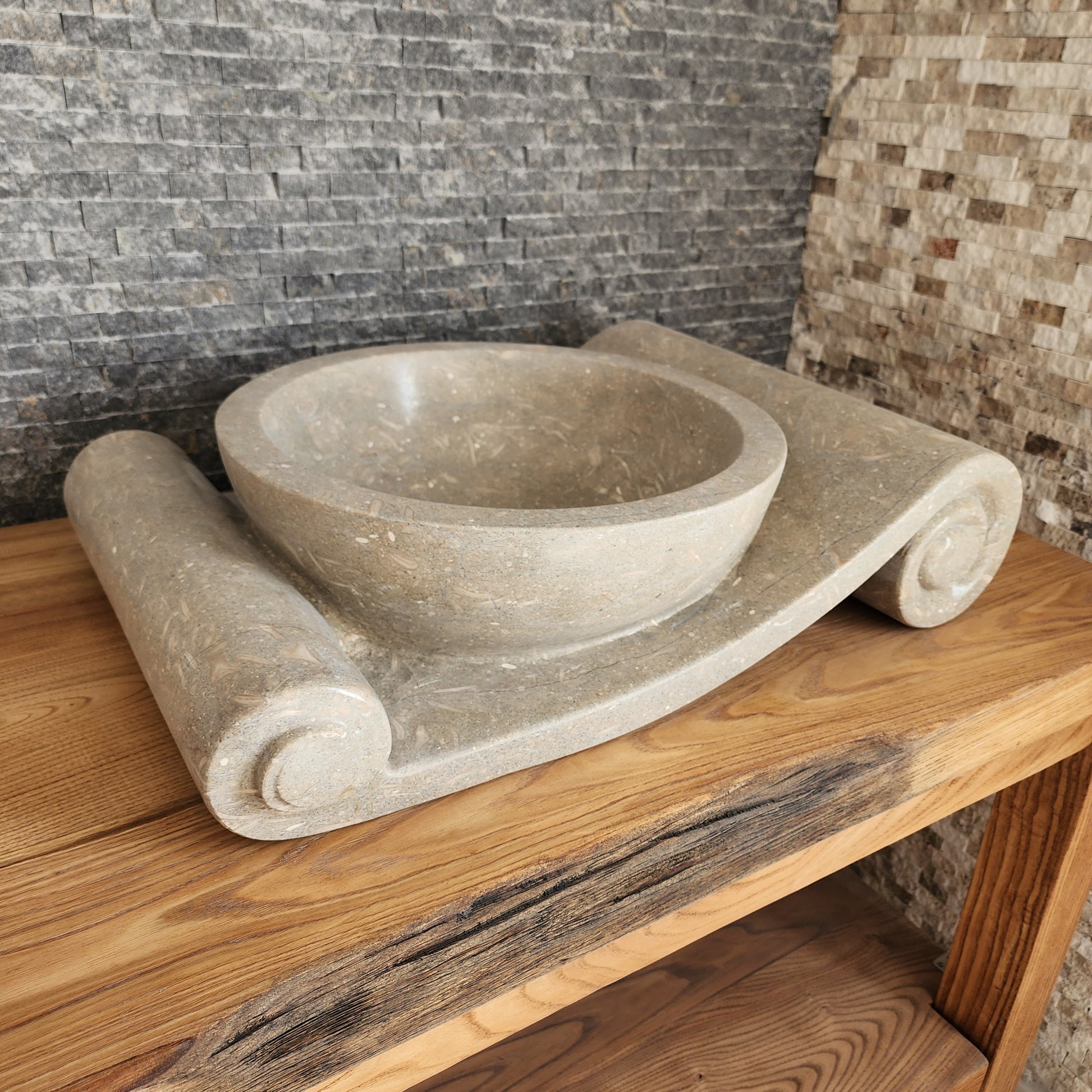 Asymmetrical Marble Scroll Vessel Sink - Hand-Carved Sculptural Basin