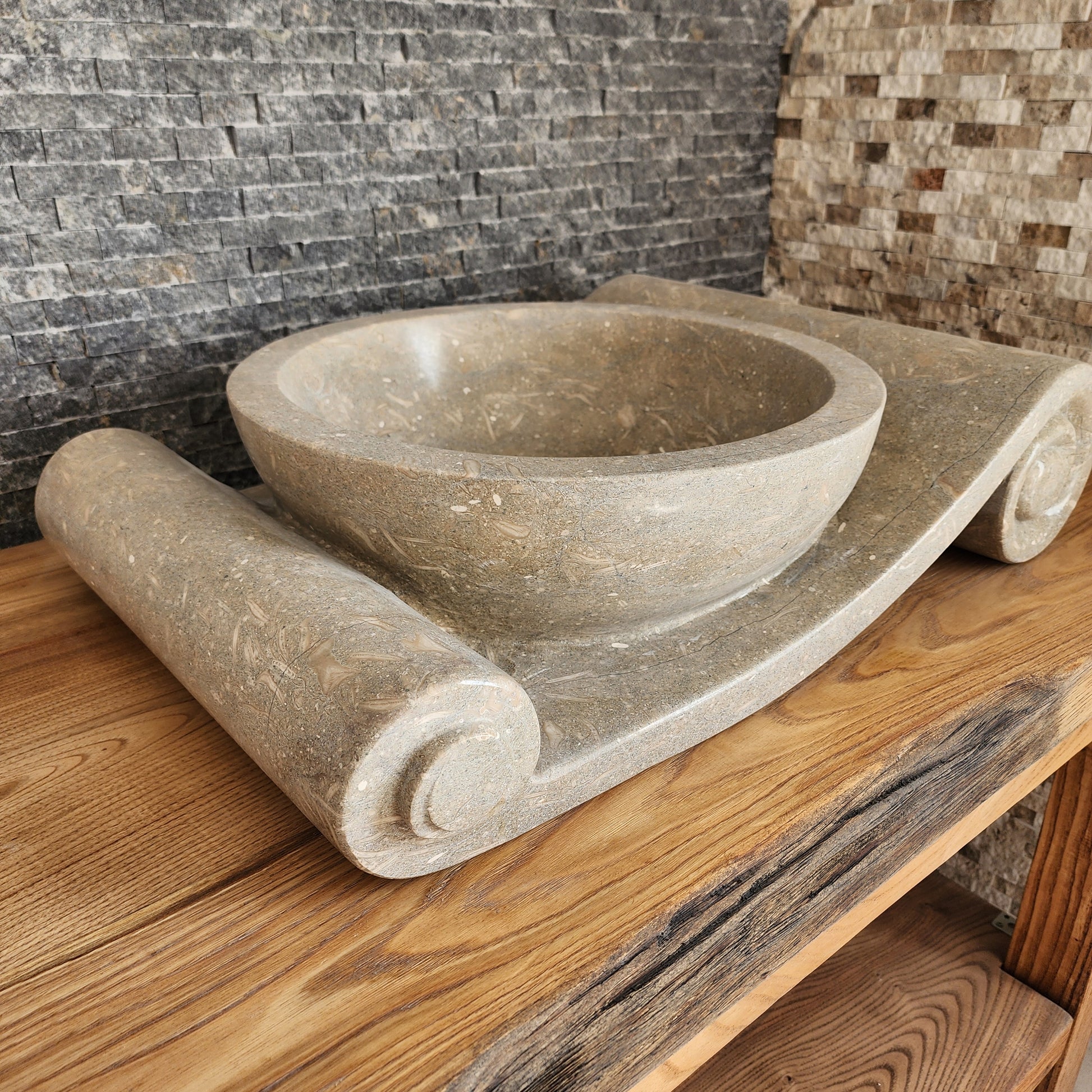 Asymmetrical Marble Scroll Vessel Sink - Hand-Carved Sculptural Basin