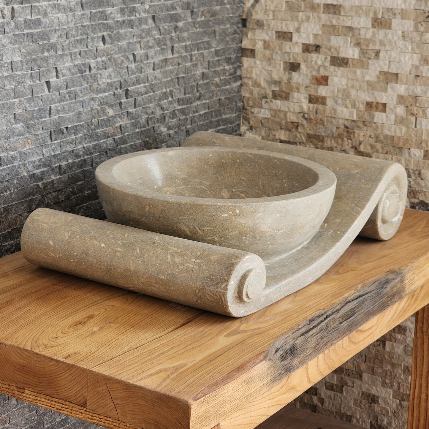 Asymmetrical Marble Scroll Vessel Sink - Hand-Carved Sculptural Basin