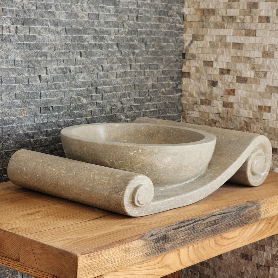Asymmetrical Marble Scroll Vessel Sink - Hand-Carved Sculptural Basin