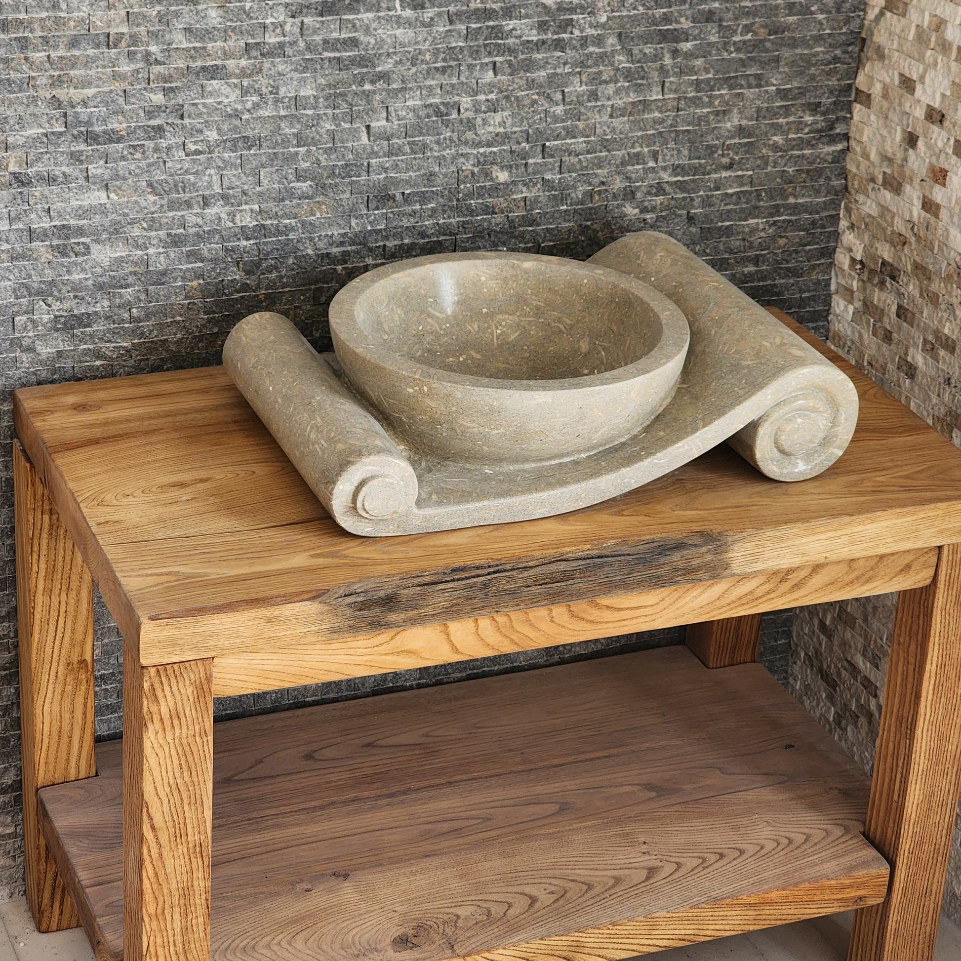 Asymmetrical Marble Scroll Vessel Sink - Hand-Carved Sculptural Basin