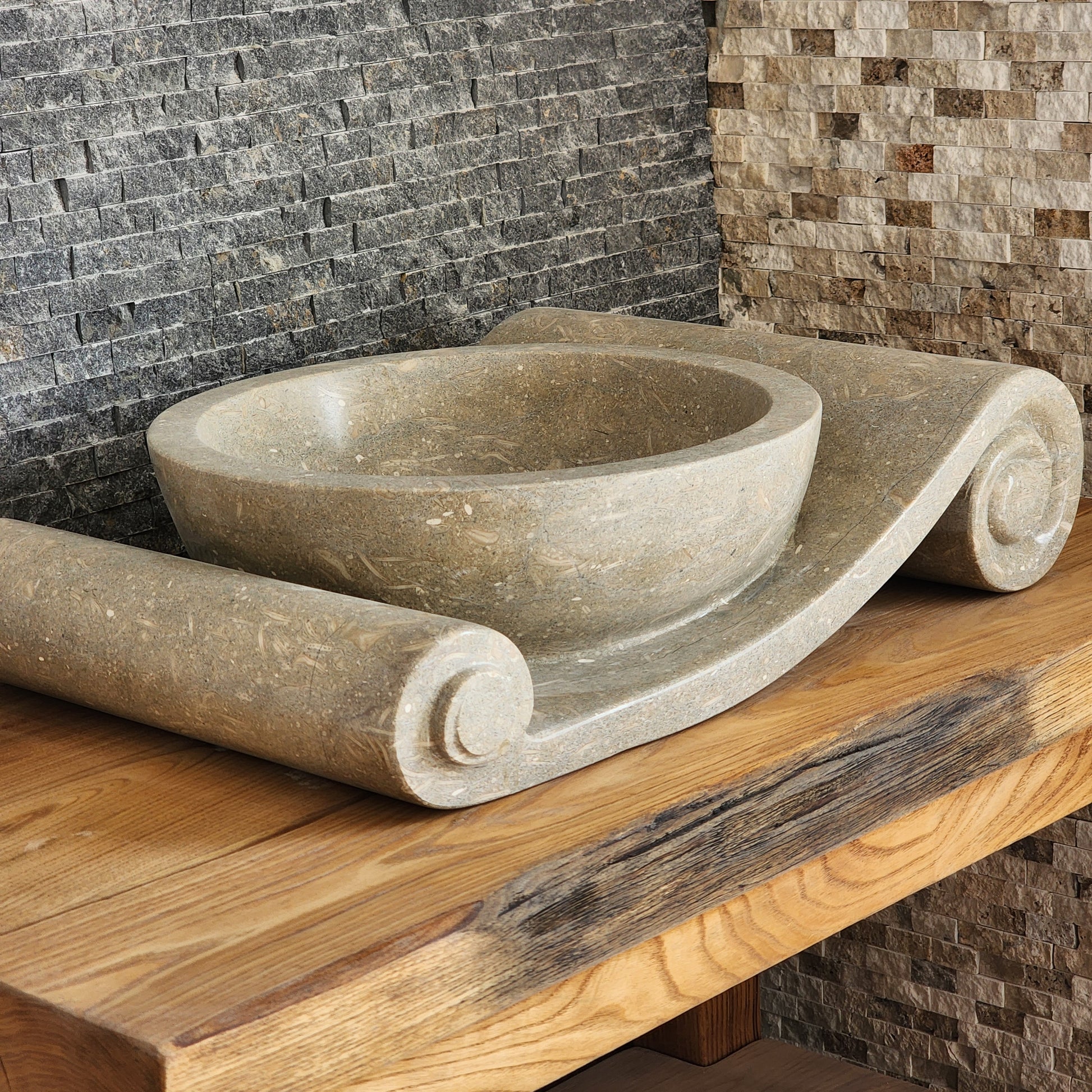 Asymmetrical Marble Scroll Vessel Sink - Hand-Carved Sculptural Basin