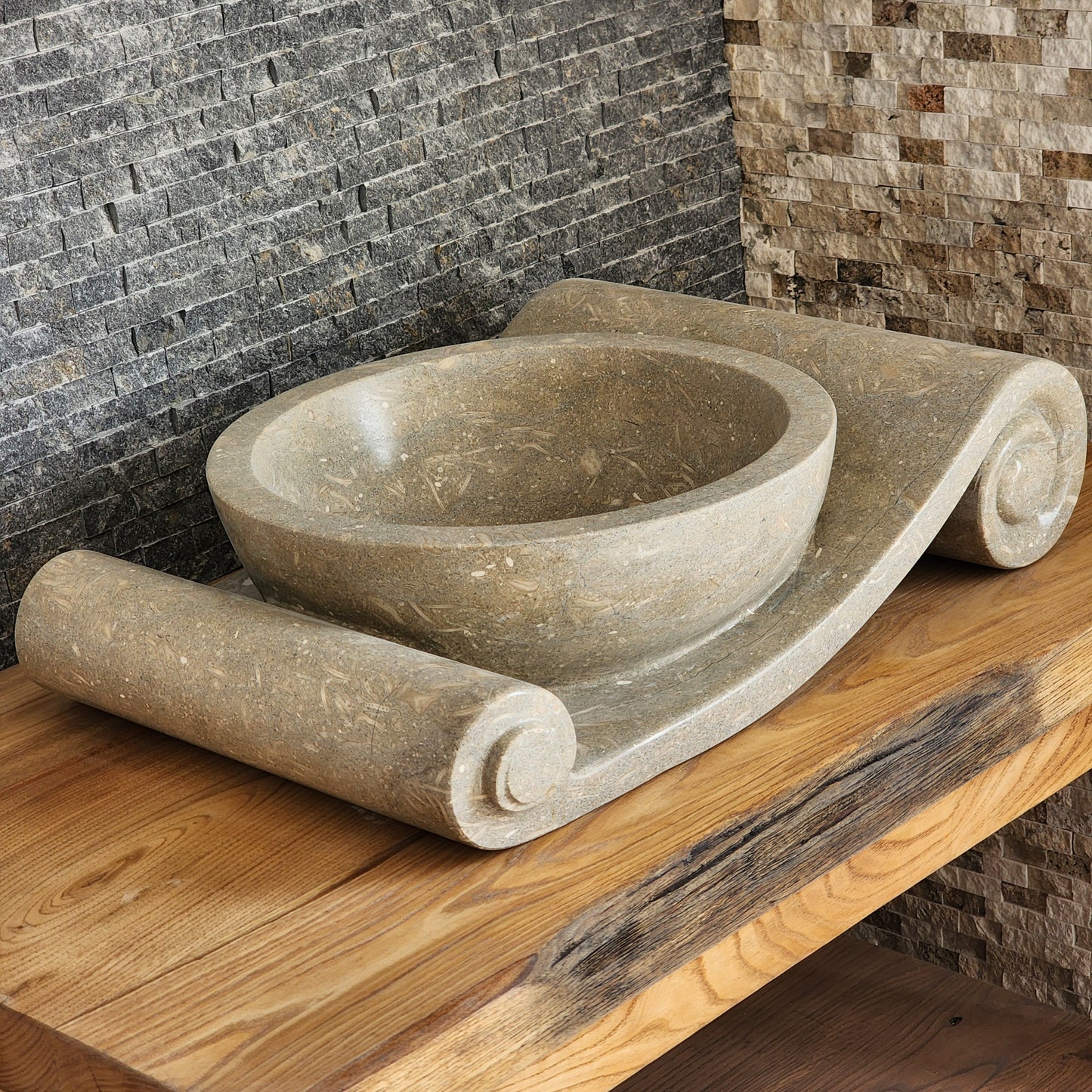 Asymmetrical Marble Scroll Vessel Sink - Hand-Carved Sculptural Basin