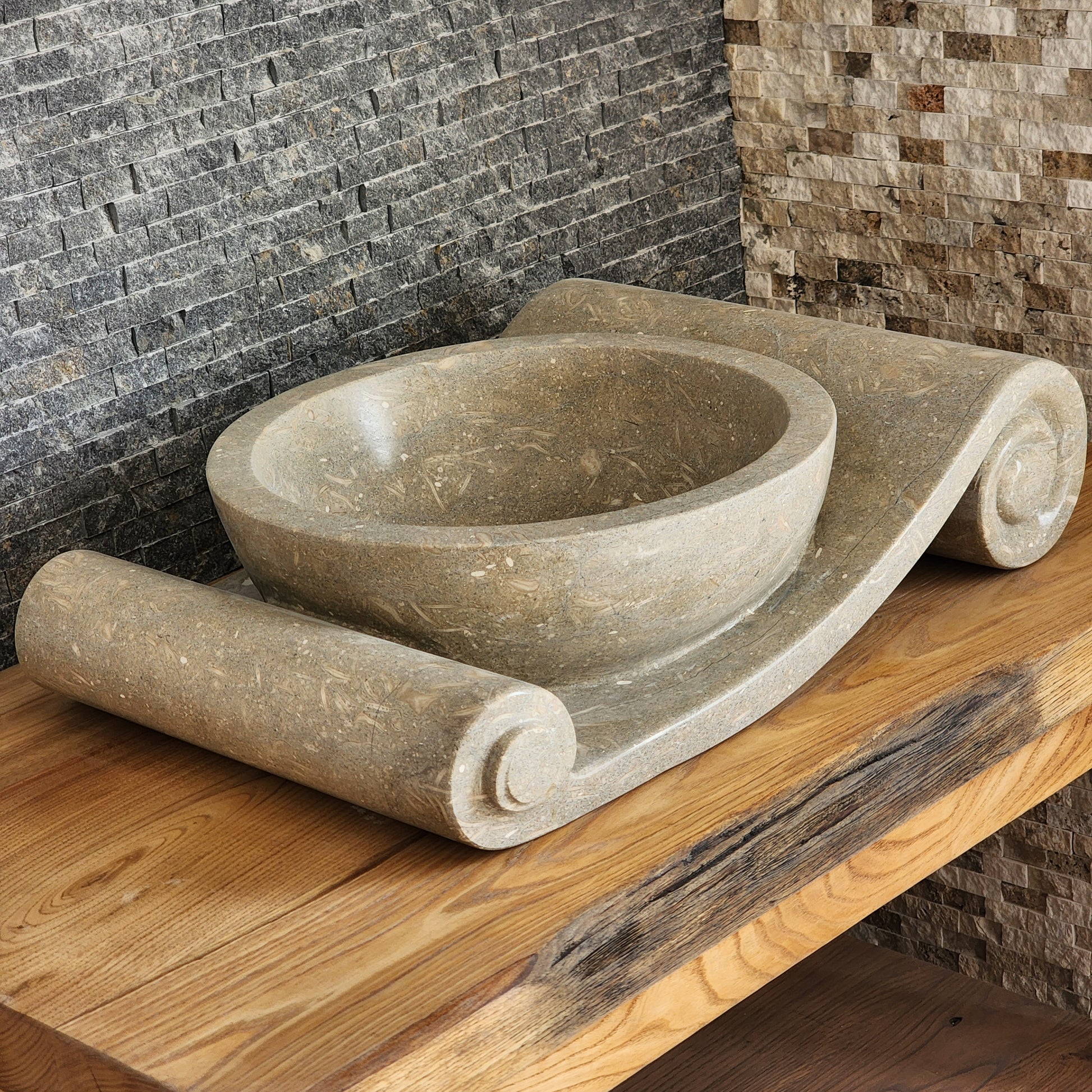 Asymmetrical Marble Scroll Vessel Sink - Hand-Carved Sculptural Basin