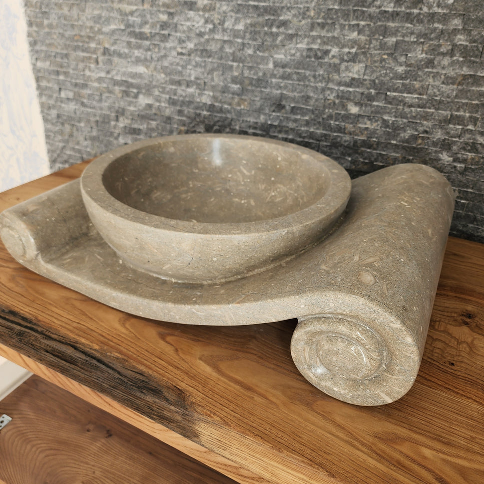 Asymmetrical Marble Scroll Vessel Sink - Hand-Carved Sculptural Basin