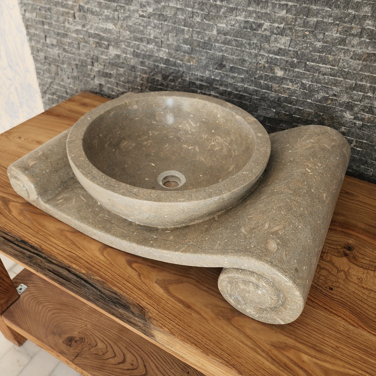 Asymmetrical Marble Scroll Vessel Sink - Hand-Carved Sculptural Basin