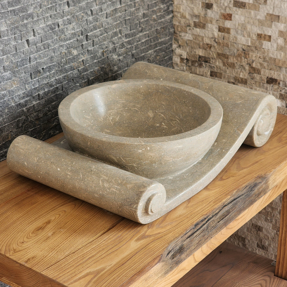 Asymmetrical Marble Scroll Vessel Sink - Hand-Carved Sculptural Basin