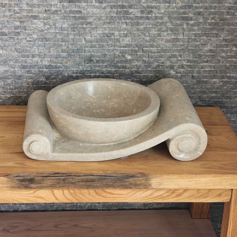 Asymmetrical Marble Scroll Vessel Sink - Hand-Carved Sculptural Basin