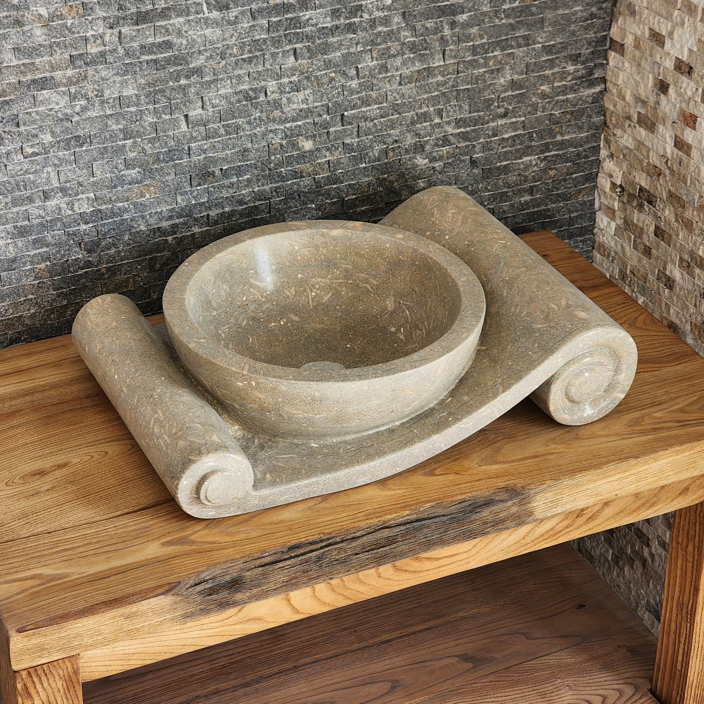 Asymmetrical Marble Scroll Vessel Sink - Hand-Carved Sculptural Basin