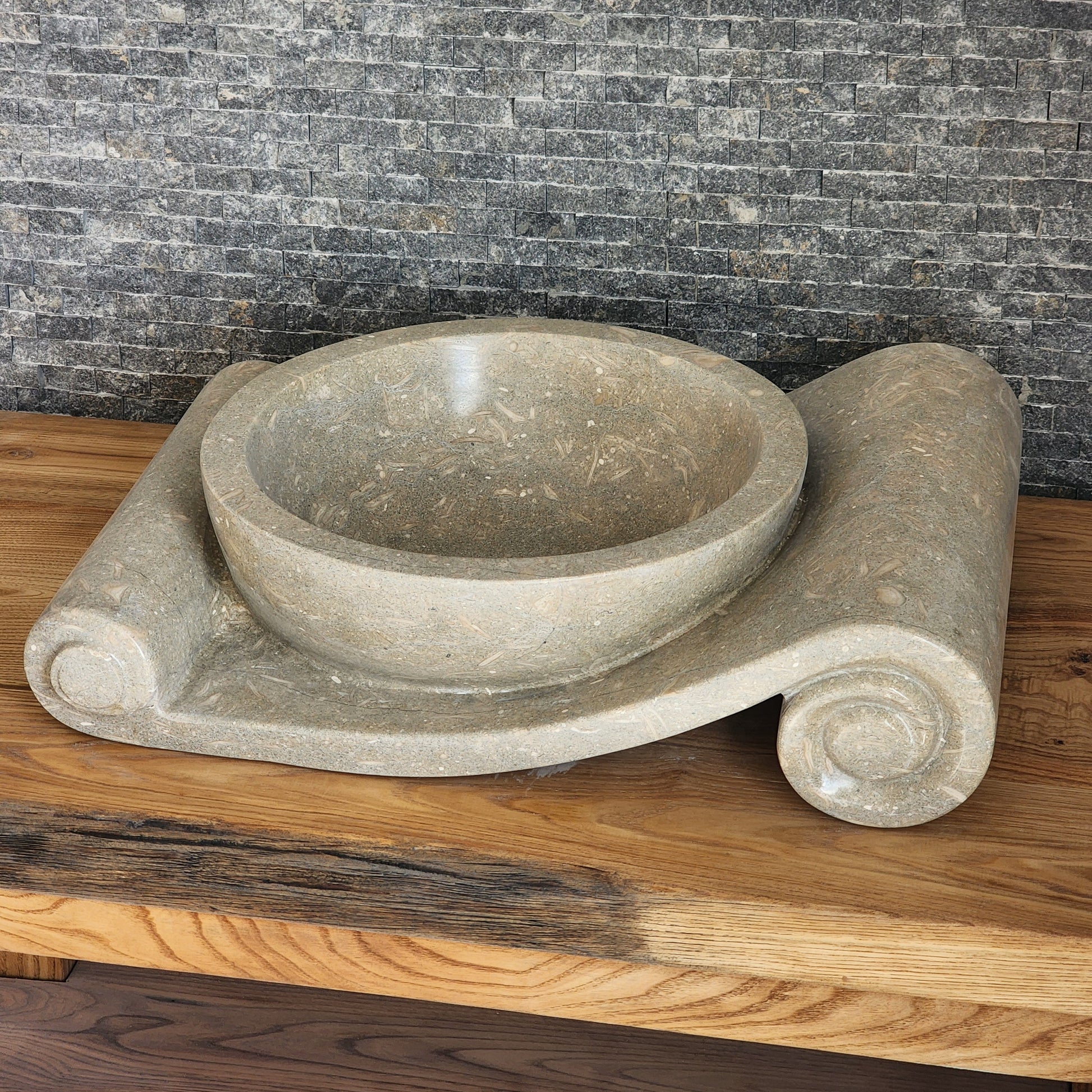 Asymmetrical Marble Scroll Vessel Sink - Hand-Carved Sculptural Basin