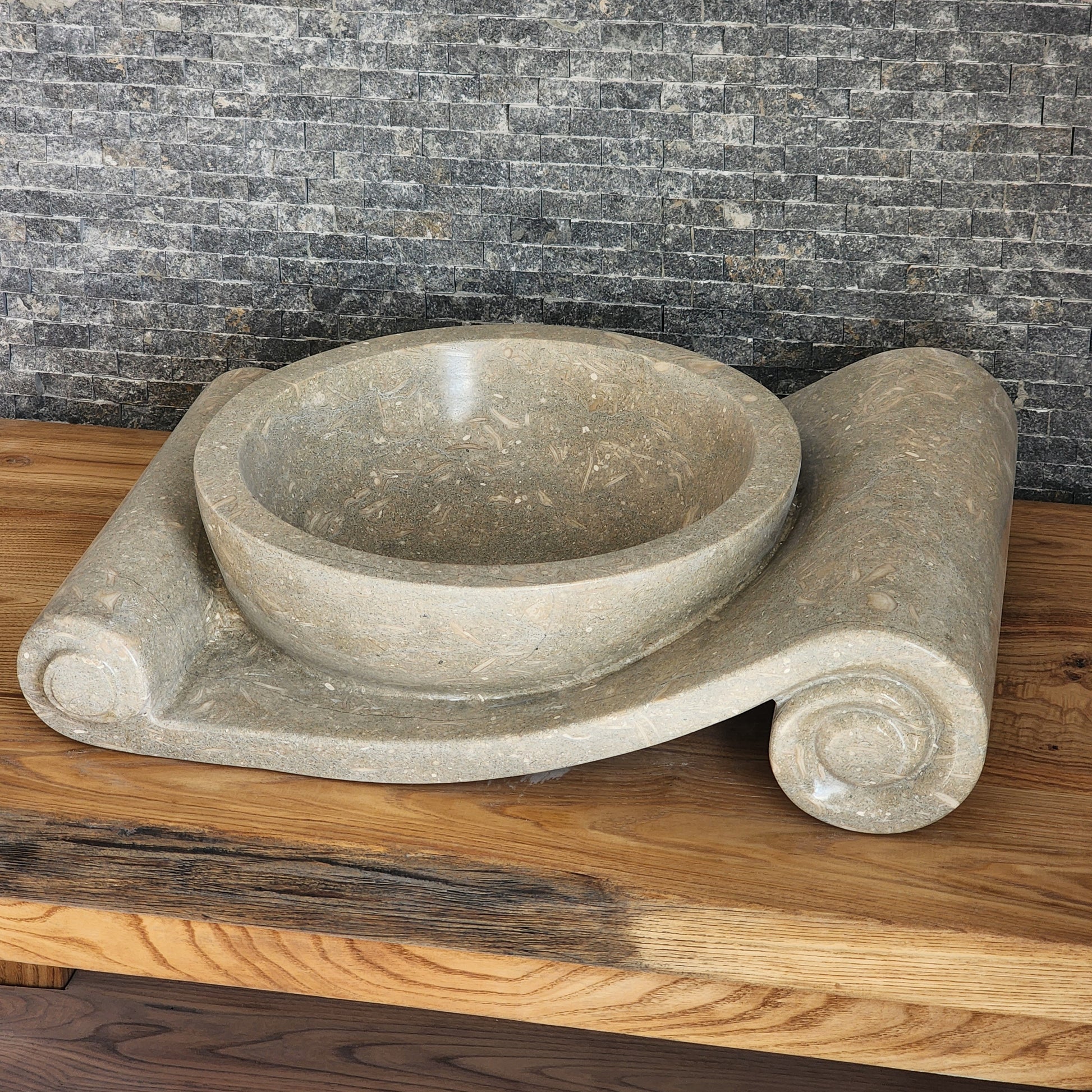 Asymmetrical Marble Scroll Vessel Sink - Hand-Carved Sculptural Basin