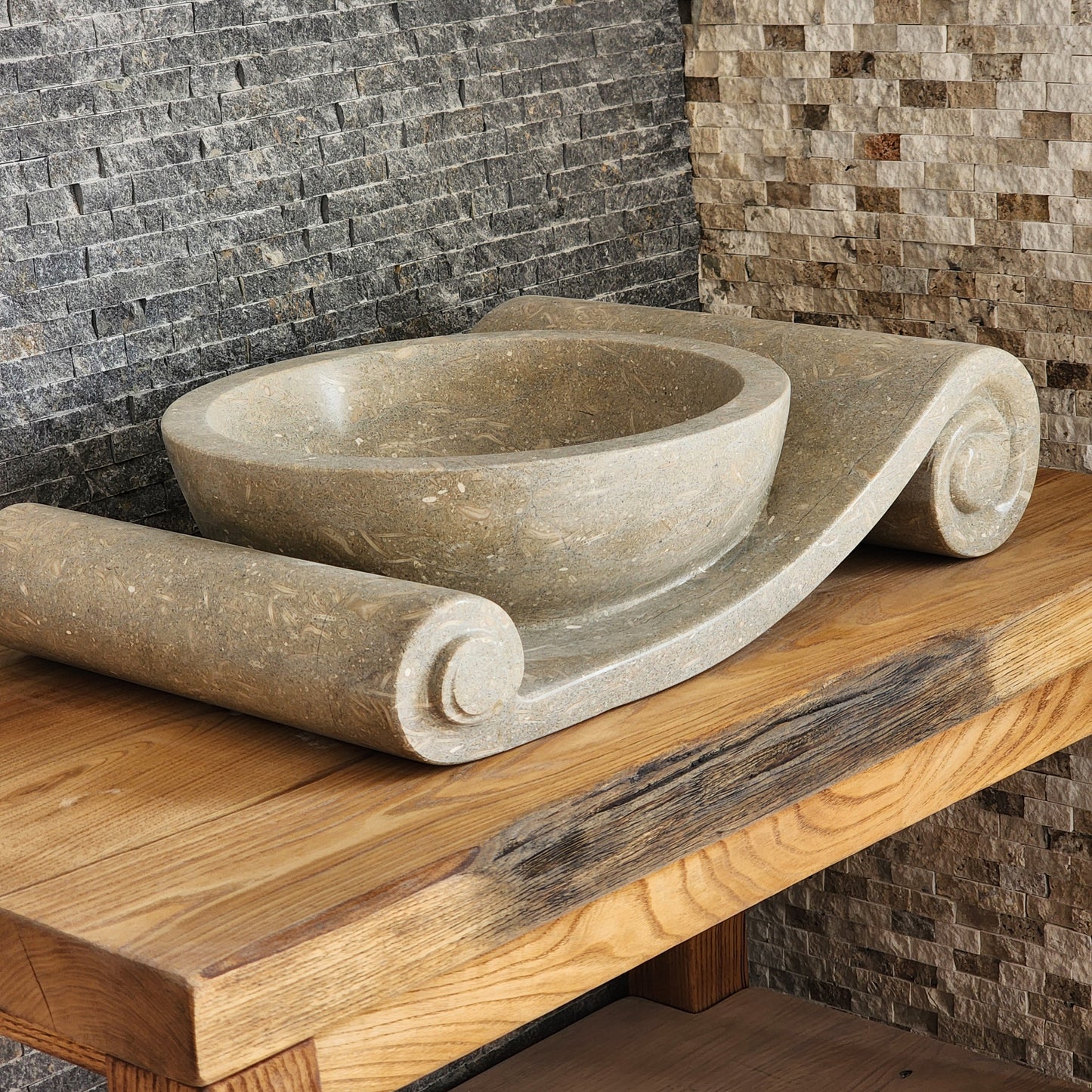 Asymmetrical Marble Scroll Vessel Sink - Hand-Carved Sculptural Basin