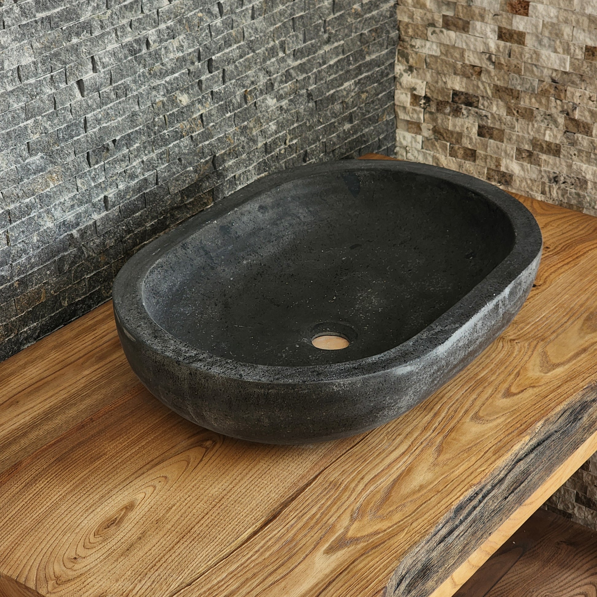 Solid Basalt Oval Vessel Sink - Hand-Carved Black Volcanic Stone Basin
