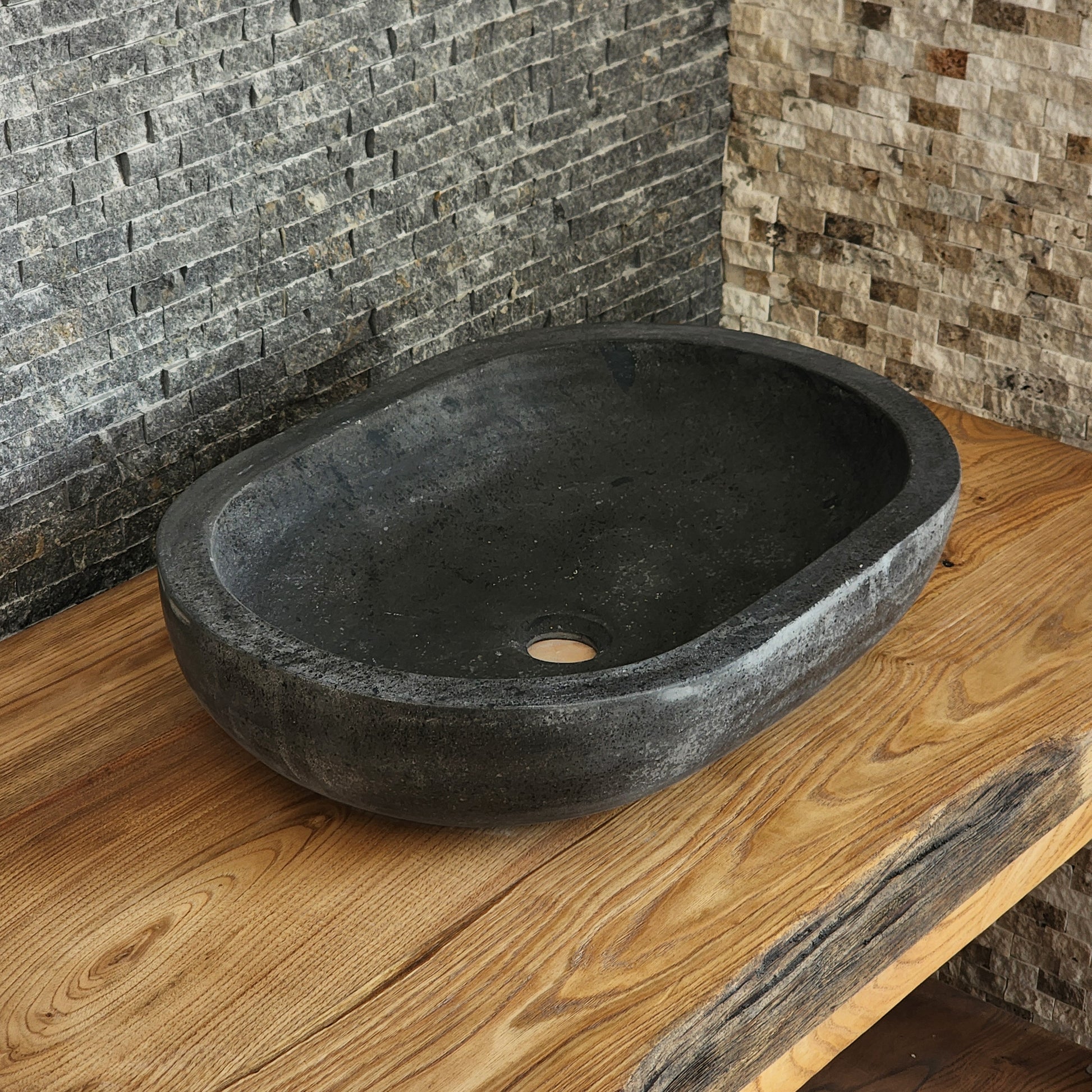 Solid Basalt Oval Vessel Sink - Hand-Carved Black Volcanic Stone Basin
