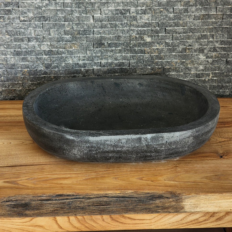 Solid Basalt Oval Vessel Sink - Hand-Carved Black Volcanic Stone Basin