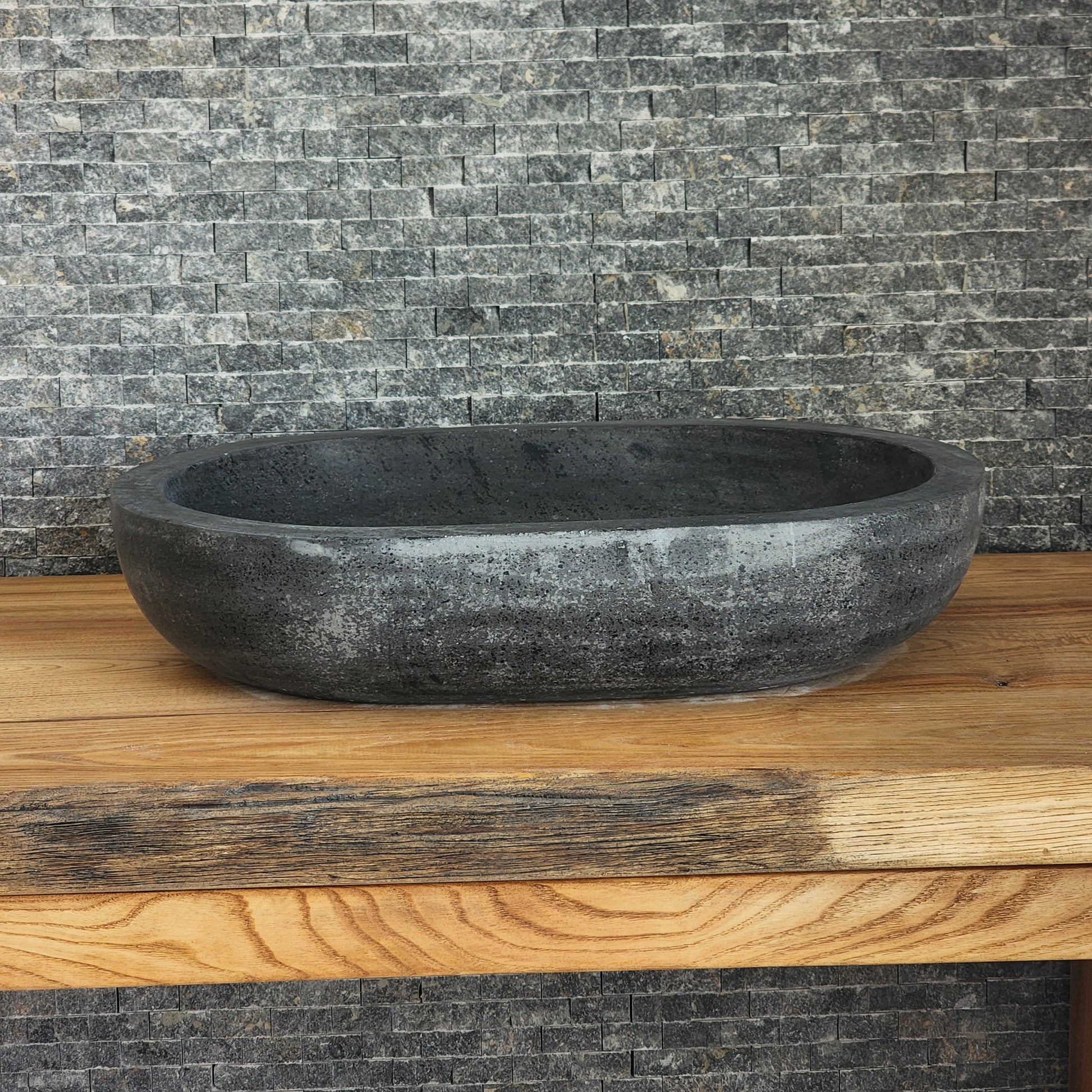 Solid Basalt Oval Vessel Sink - Hand-Carved Black Volcanic Stone Basin