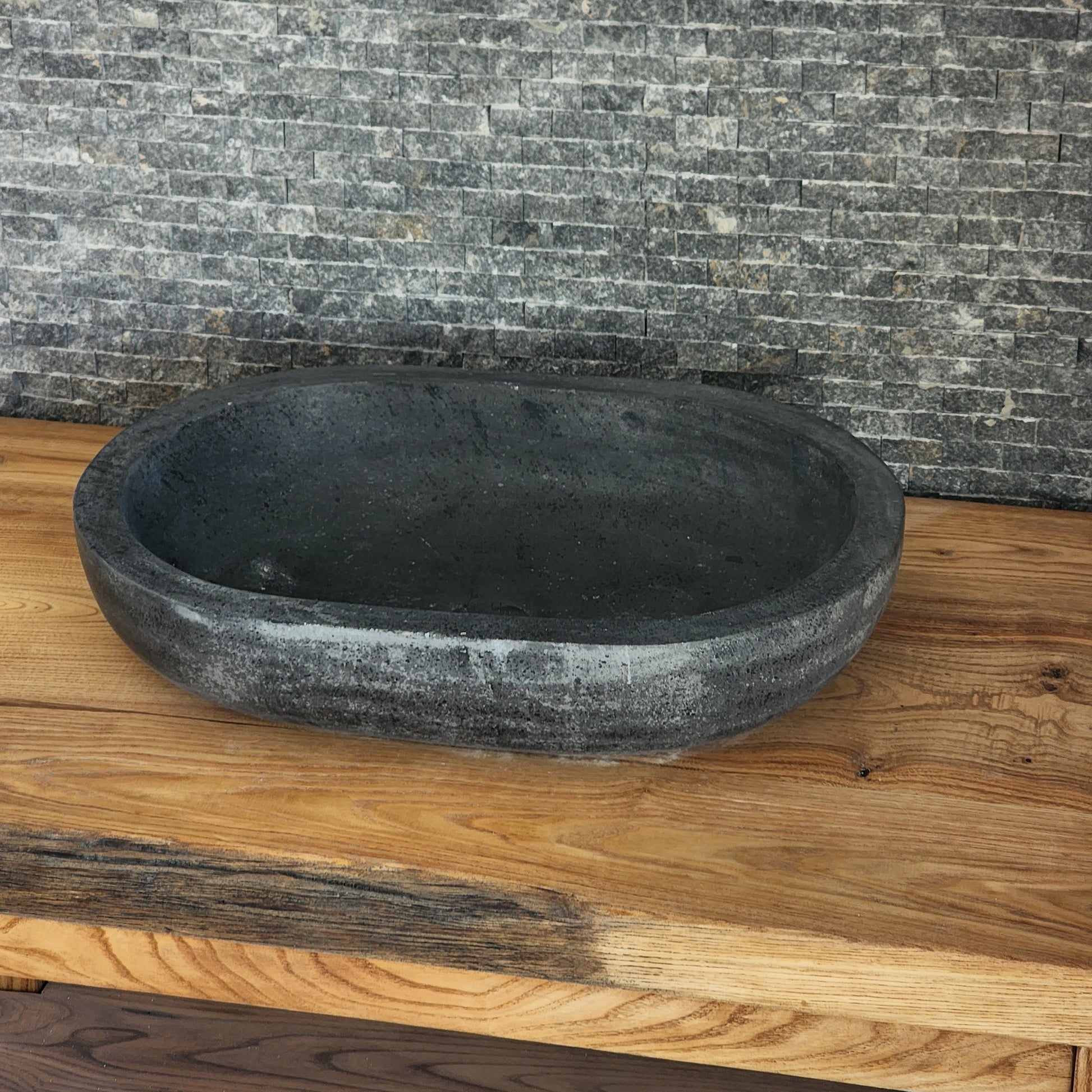 Solid Basalt Oval Vessel Sink - Hand-Carved Black Volcanic Stone Basin