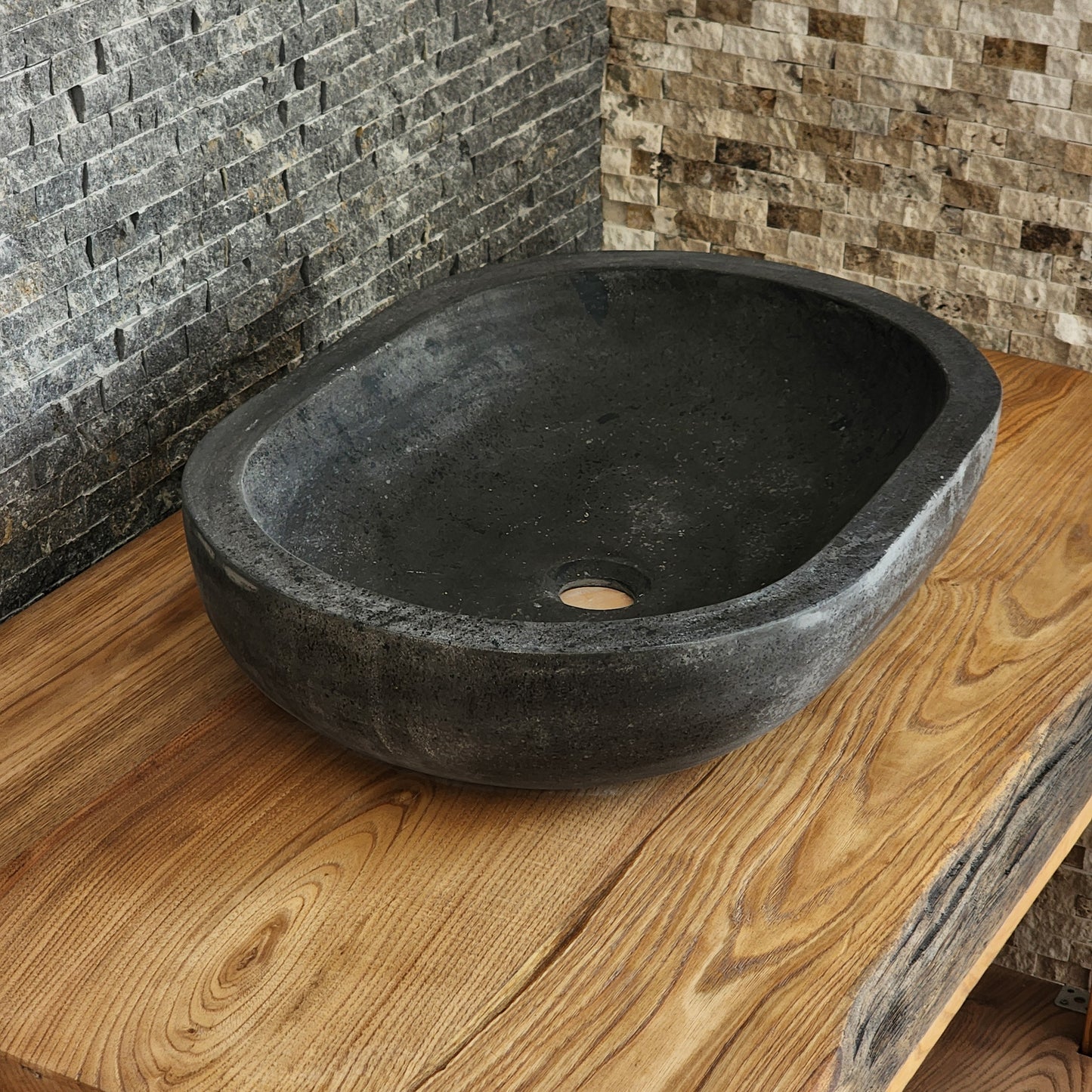 Solid Basalt Oval Vessel Sink - Hand-Carved Black Volcanic Stone Basin