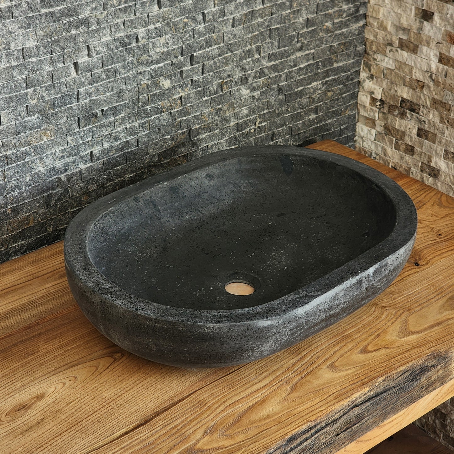 Solid Basalt Oval Vessel Sink - Hand-Carved Black Volcanic Stone Basin