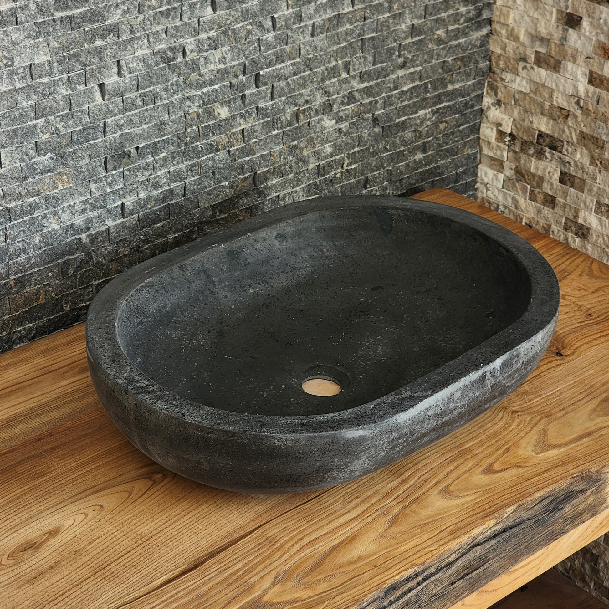 Solid Basalt Oval Vessel Sink - Hand-Carved Black Volcanic Stone Basin