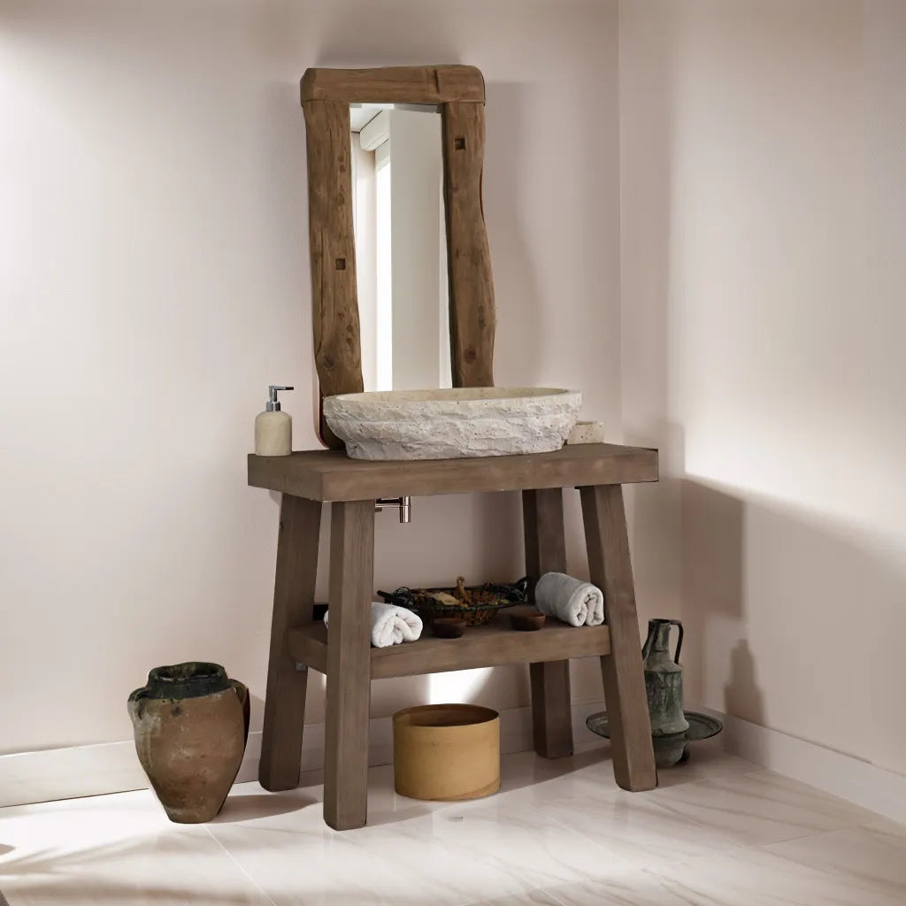 Rustikale Badezimmerwaschtische - Handgefertigter schmaler Waschtisch aus Live Edge-Holz
