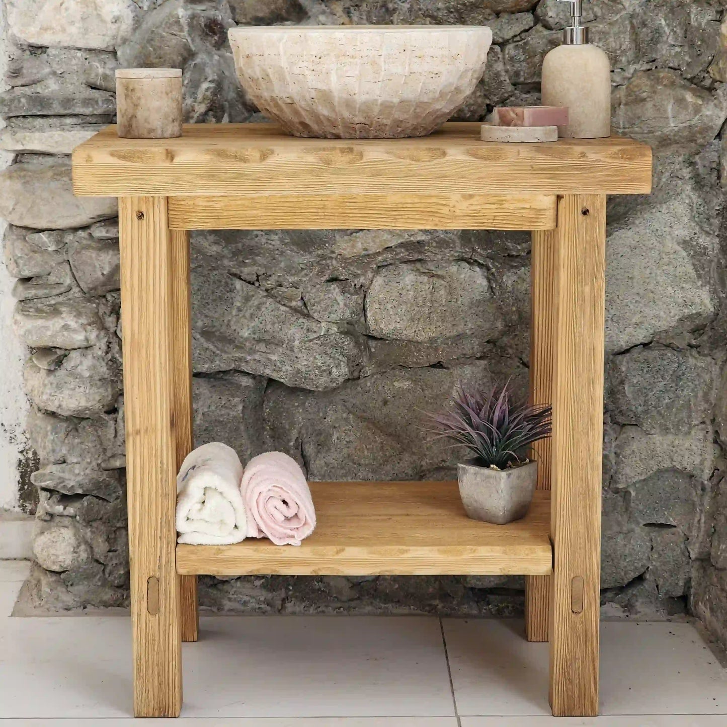 Rustikales Badezimmer-Waschbecken - Maßgefertigtes, schmales Bauernhaus-Waschbecken aus Holz mit natürlicher Kante 