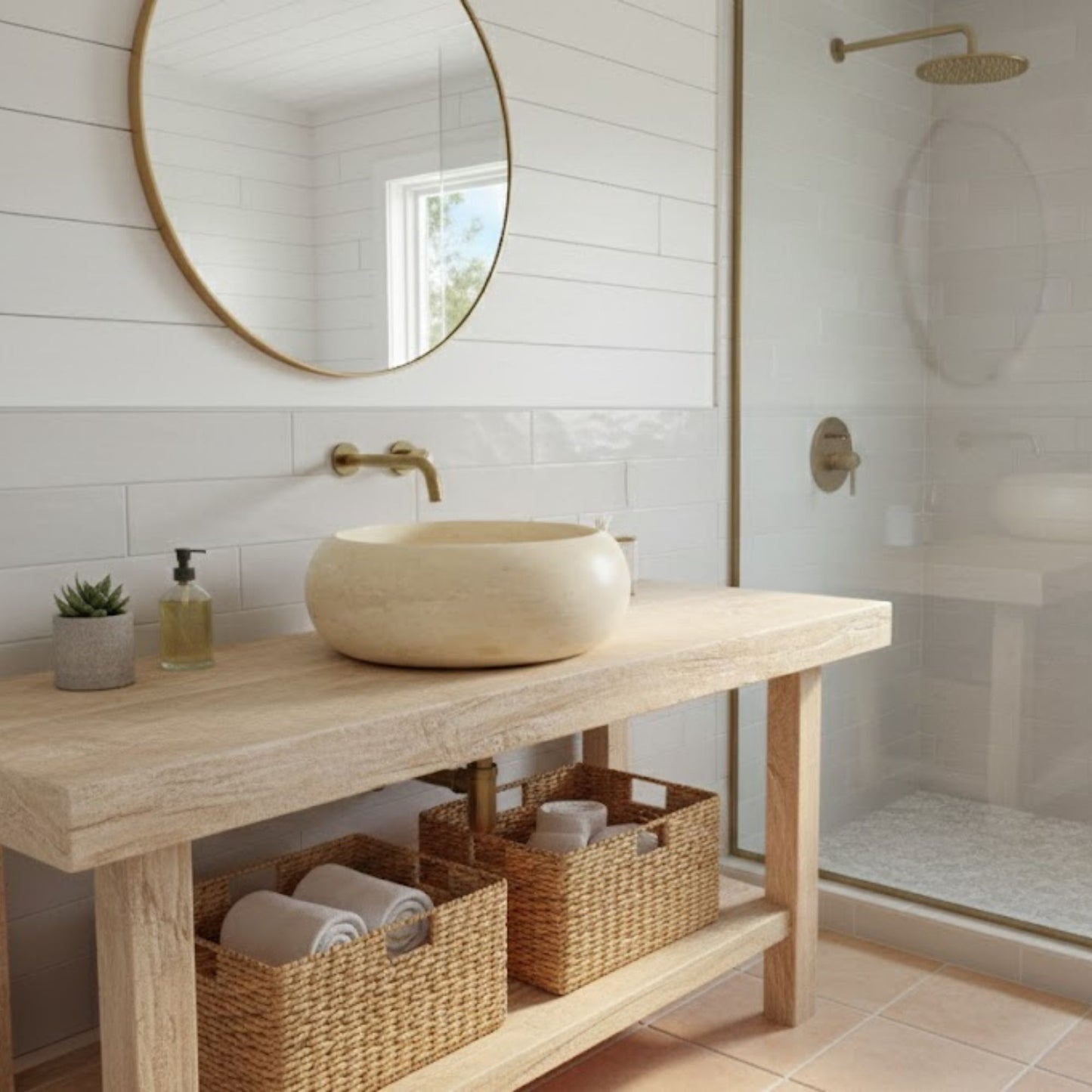 Hand-Carved Round Travertine Vessel Sink – Classic Circular Natural Stone Basin