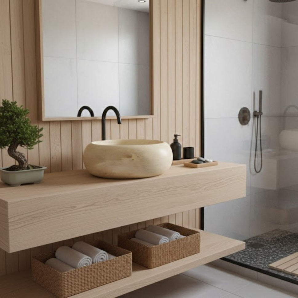 Hand-Carved Round Travertine Vessel Sink – Classic Circular Natural Stone Basin