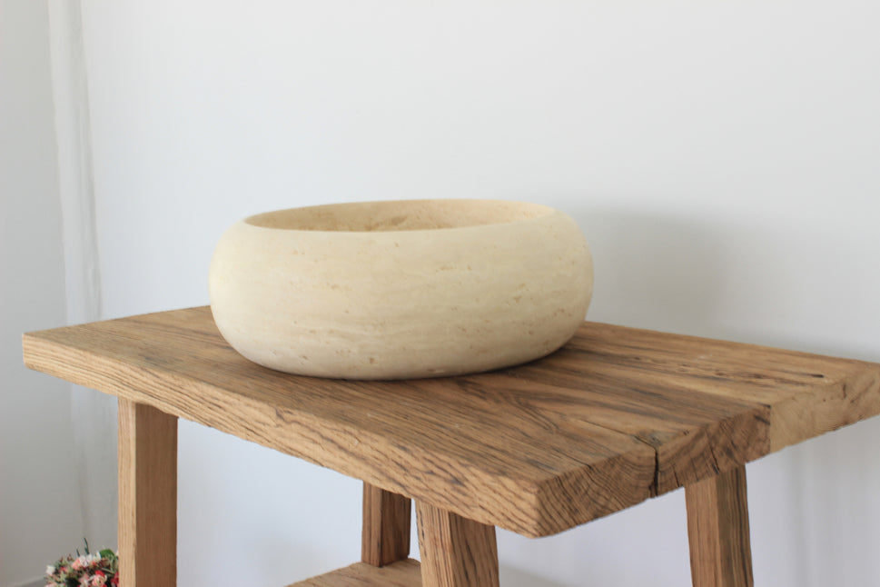 Hand-Carved Round Travertine Vessel Sink – Classic Circular Natural Stone Basin
