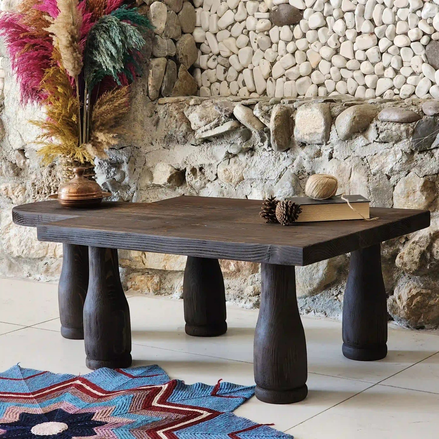 Rustic Coffee Table -Handmade Live edge solid brown top unique