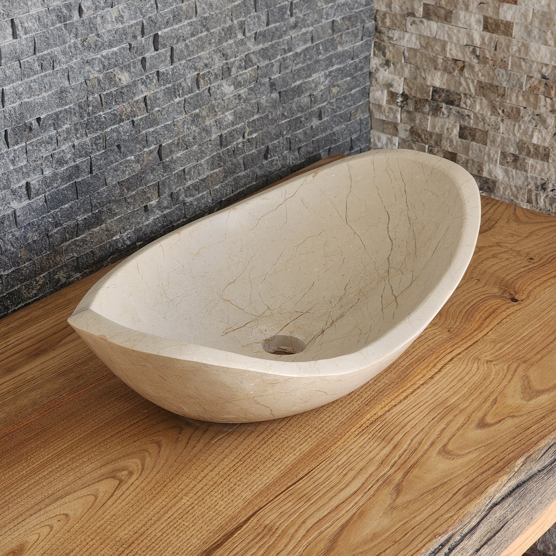Cream Stone Boat-Shaped Vessel Sink - Sculptural Oval Basin