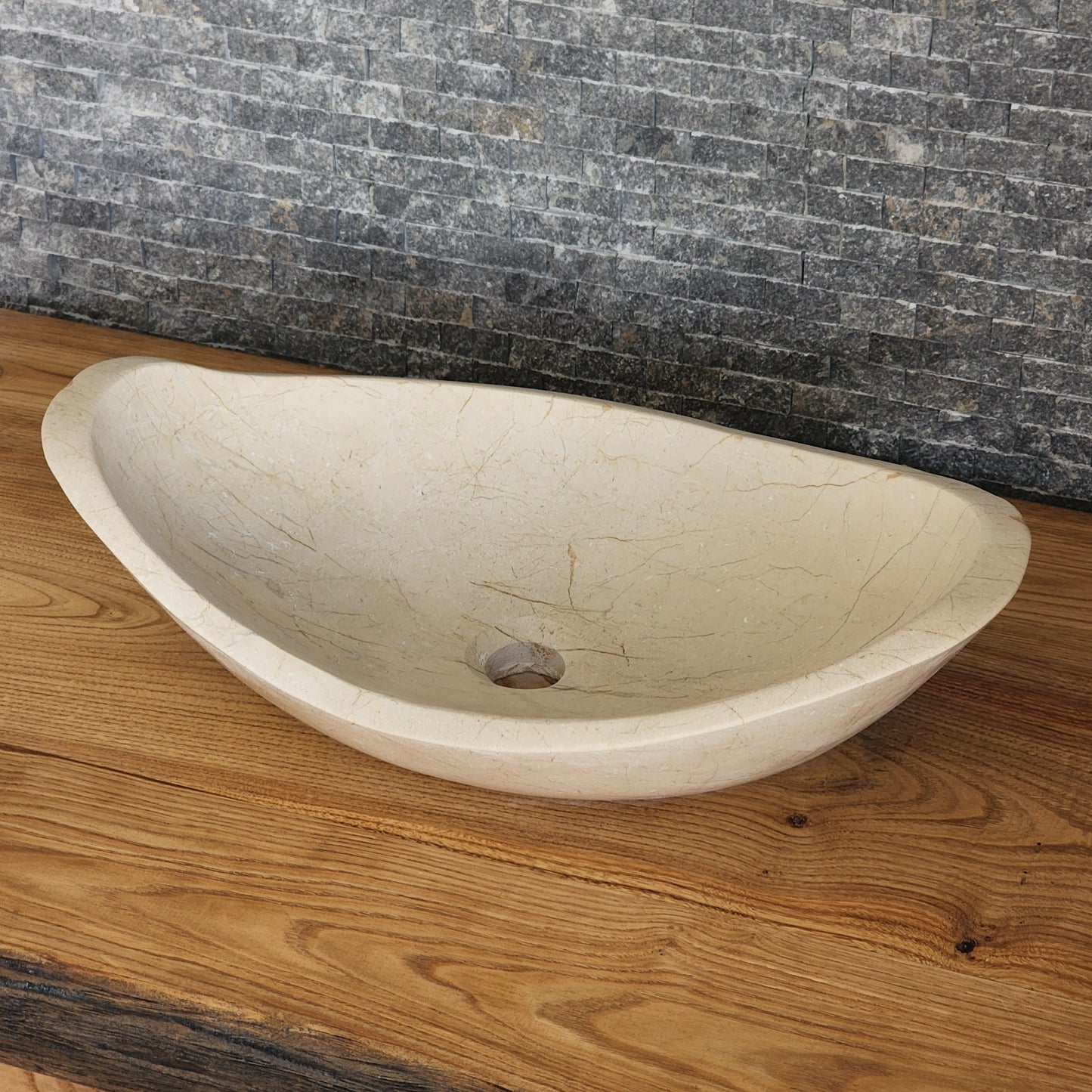 Cream Stone Boat-Shaped Vessel Sink - Sculptural Oval Basin