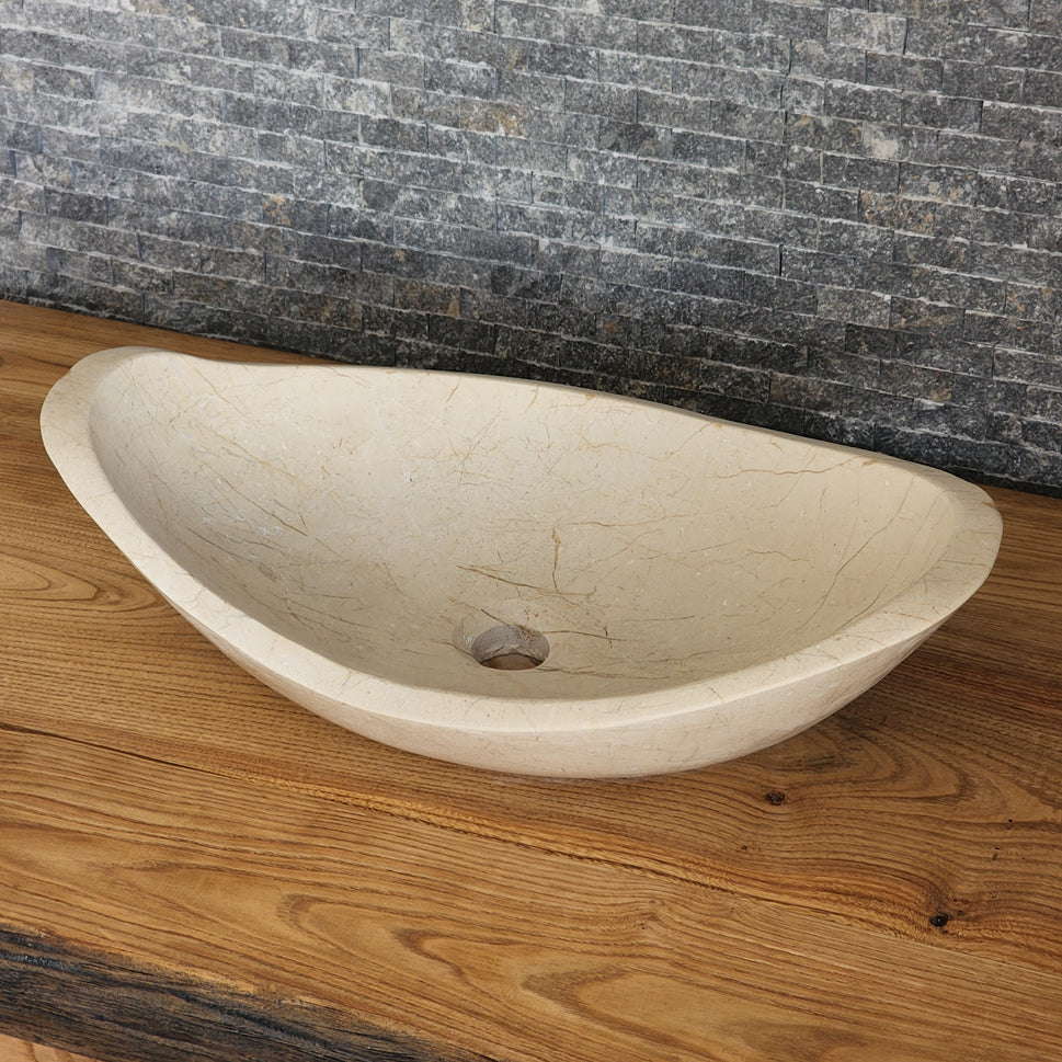 Cream Stone Boat-Shaped Vessel Sink - Sculptural Oval Basin