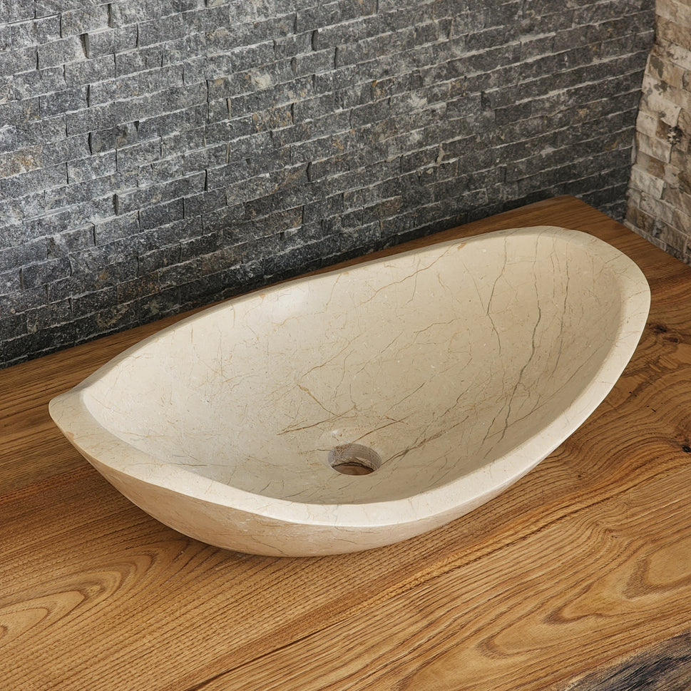Cream Stone Boat-Shaped Vessel Sink - Sculptural Oval Basin