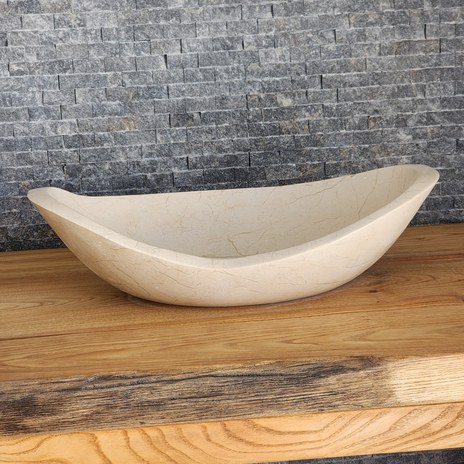 Cream Stone Boat-Shaped Vessel Sink - Sculptural Oval Basin