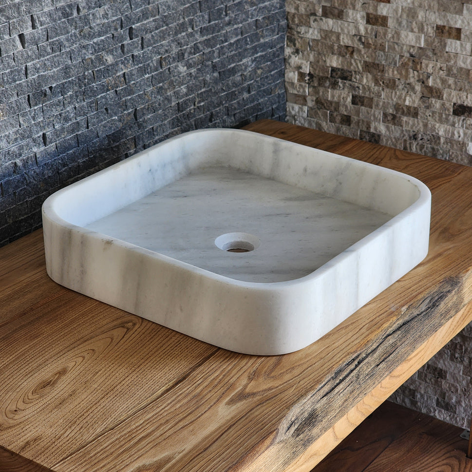 Luminous White Marble Basin - Soft Square Silhouette