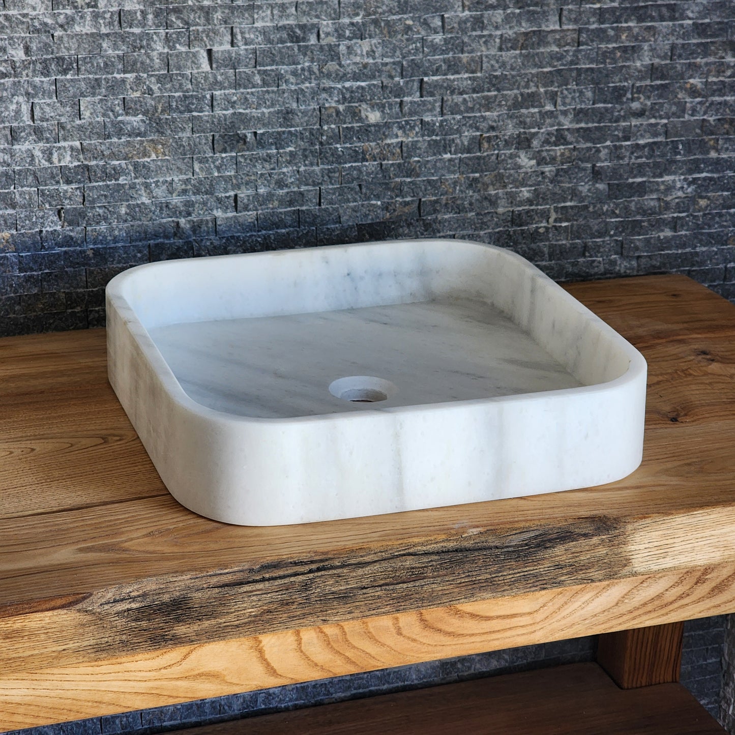 Luminous White Marble Basin - Soft Square Silhouette