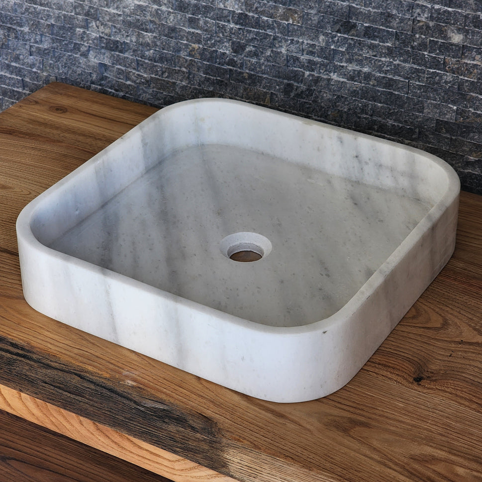 Luminous White Marble Basin - Soft Square Silhouette